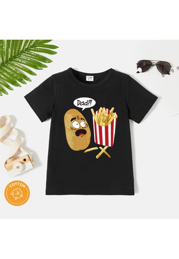 Kid Boy 95% Cotton Letter Food Print Dark Black Short-sleeve Tee