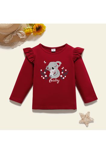 Toddler Girl Graphic Koala and Floral and Letter Print Ruffled Long-sleeve Tee