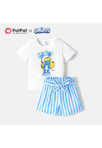 Smurfs 2pcs Kid Girl Letter Print Short-sleeve Tee and Heart/Stripe Print Belted Shorts Set