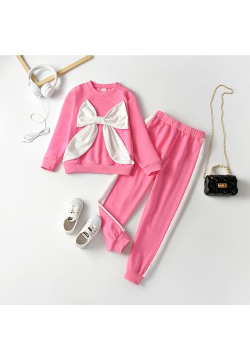 2-piece Kid Girl Big Bowknot Design Sweatshirt and Colorblock Pants Set