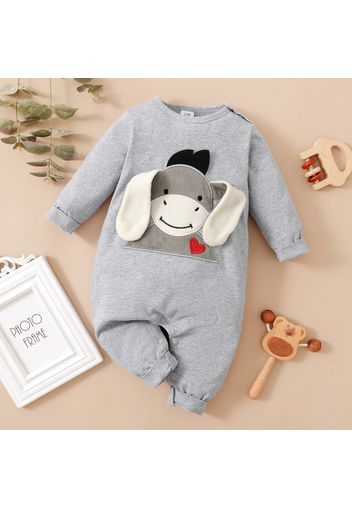 Donkey Embroidery 3D Ear Design Long-sleeve Green Baby Jumpsuit