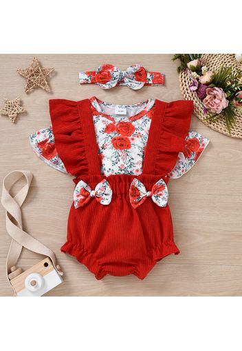 3pcs Baby Girl Red Rose Floral Print Ruffled Short-sleeve Top and Corduroy Overalls Shorts Set