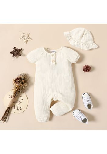 100% Cotton Crepe Baby Girl Solid Puff-sleeve Button Up Jumpsuit with Hat Set