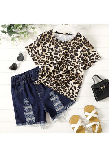 2-piece Kid Girl Leopard Print Short-sleeve Tee and Ripped Denim Shorts Set