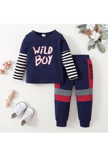 2-piece Toddler Boy Letter Print Striped Pullover Sweatshirt and Colorblock Pants Set