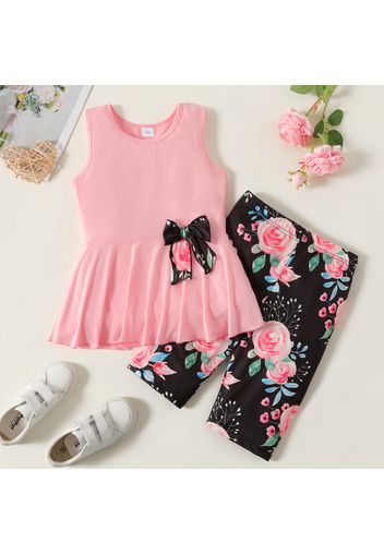 2pcs Kid Girl Bowknot Design Sleeveless Tee and Floral Print Leggings Shorts Set