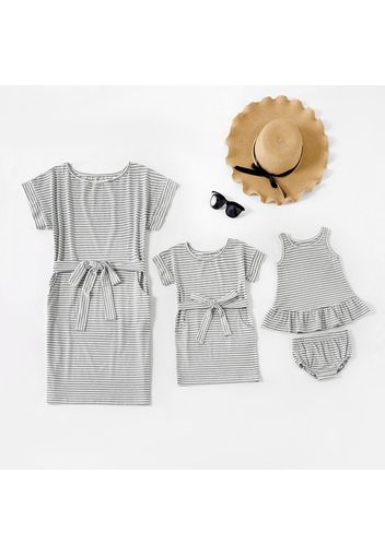 Grey and White Stripe Short-sleeve Matching Mini Dresses