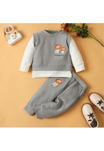 2pcs Baby Boy Cartoon Lion Embroidered Faux-two Long-sleeve Waffle Pullover and Trousers Set