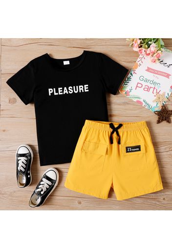 2pcs Kid Girl Letter Print Short-sleeve Tee and Pocket Design Shorts Set