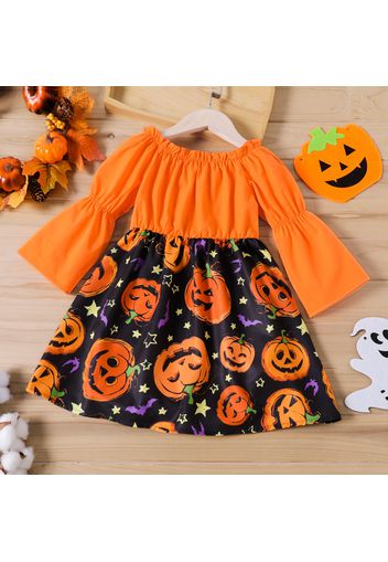 Toddler Girl Halloween Graphic Ruffled Off Shoulder Long-sleeve Splice Dress