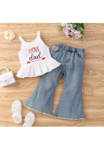 Father's Day 2pcs Toddler Girl Letter Print Peplum Tank Top and Flared Denim Jeans Set