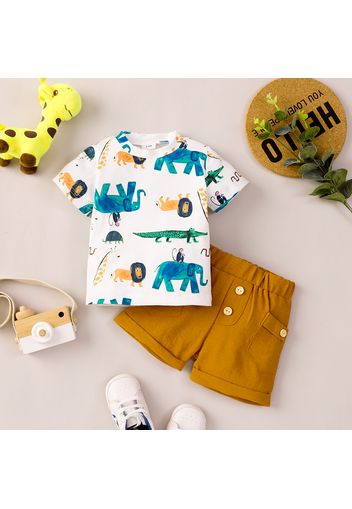 2pcs Baby Boy All Over Animals Print Short-sleeve T-shirt and Solid Shorts Set