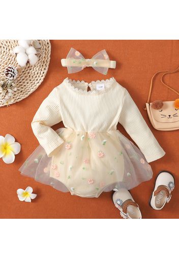 2pcs Baby Floral Embroidered Mesh Splicing Long-sleeve Ribbed Romper Dress Set