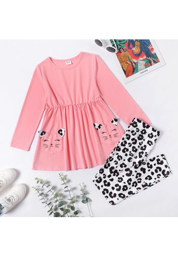 2-piece Kid Girl Cat Print Ear Design Long-sleeve Pink Top and Leopard Print Pants Set