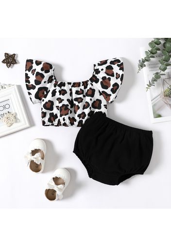 2pcs Baby Girl Leopard Short-sleeve Crop Top and 100% Cotton Shorts Set