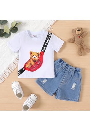 2pcs Baby Boy Crossbody Bag Graphic Short-sleeve Tee and Ripped Denim Shorts Set