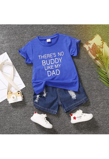 Father's Day 2pcs Toddler Boy Trendy Ripped Denim Shorts and Letter Print Tee Set