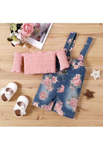 2pcs Baby Girl Pink Long-sleeve Off Shoulder Strapless Shirred Tube Top and 100% Cotton Floral Print Denim Overalls Set