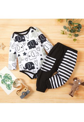 Baby Boy 2pcs Elephant and Stripe Print Black and White Romper Set