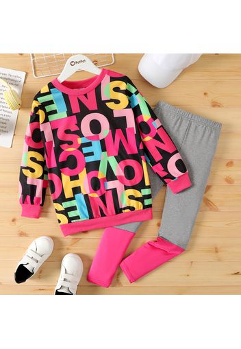 2pcs Kid Girl Allover Letter Print Sweatshirt and Colorblock Leggings Set