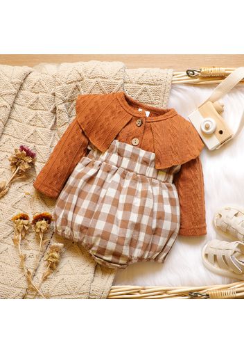 100% Cotton Knitted Long-sleeve Splicing Plaid Print Baby Romper