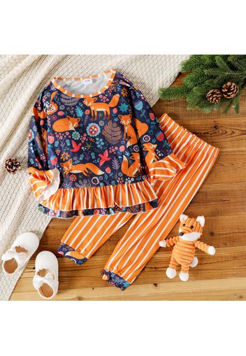 2-piece Toddler Girl Animal Fox Floral Print Striped Bell sleeves Top and Pants Set