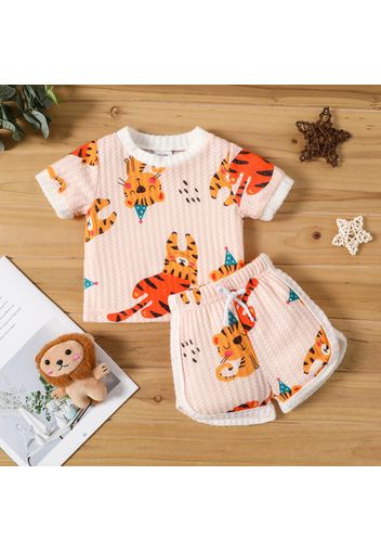 2pcs Baby Boy/Girl All Over Cartoon Tiger Print Waffle Short-sleeve Top and Shorts Set