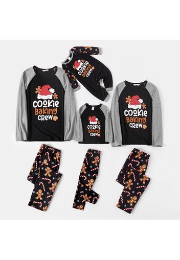 Christmas Gingerbread Man and Letter Print Black Family Matching Raglan Long-sleeve Pajamas Sets (Flame Resistant)