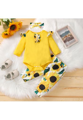 3pcs Baby Girl Yellow Long-sleeve Ruffle Romper and Sunflowers Floral Print Trousers with Headband Set