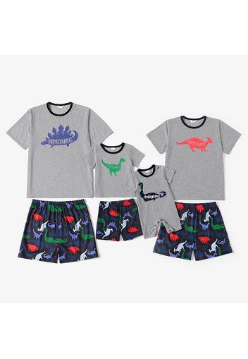 Family Matching Dinosaur and Letter Print Grey Short-sleeve Loungewear Pajamas Sets (Flame Resistant)