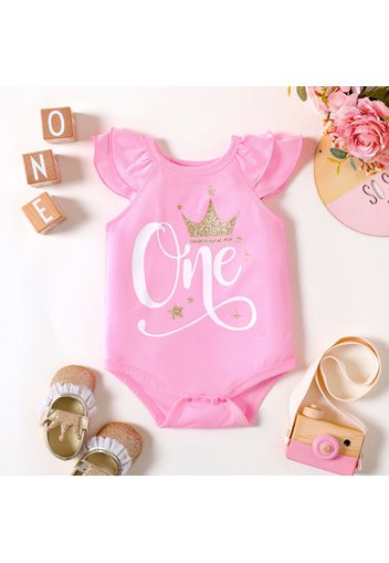 Baby Girl Glitter Crown and Letter Print Layered Flutter-sleeve Romper