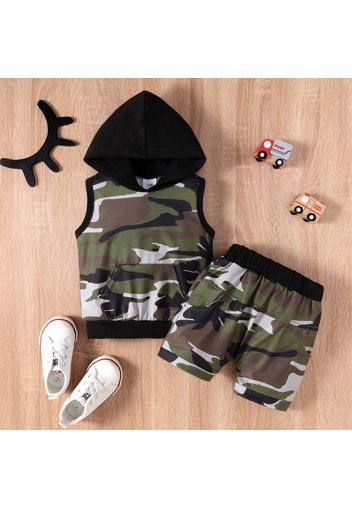 2pcs Baby Boy Army Green Camouflage Sleeveless Hooded Top and Shorts Set