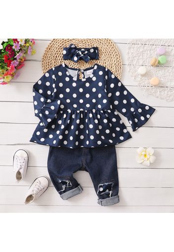 3pcs Baby All Over Polka Dots Navy Ruffle Bell Sleeve Top and Cotton Ripped Denim Jeans Set