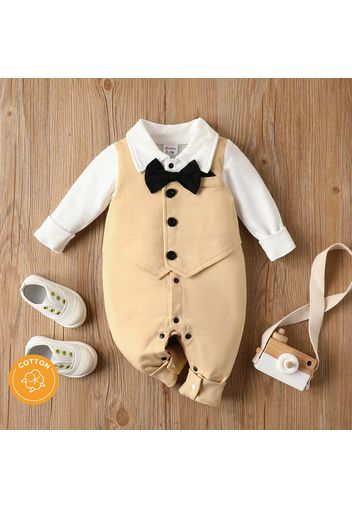 100% Cotton Baby Boy Gentleman Party Outfit Bow Tie Decor Button Front Long-sleeve Jumpsuit