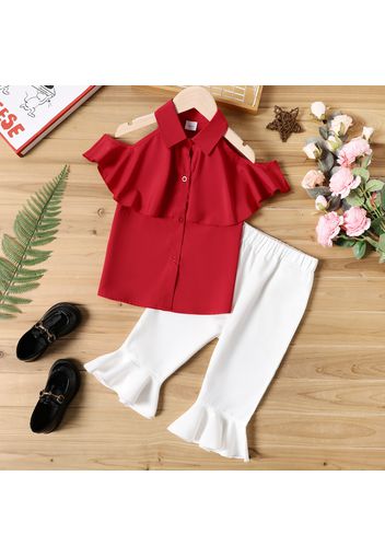 2pcs Kid Girl Cold Shoulder Flounce Lapel Collar Red Blouse and Flared Capri Pants Set