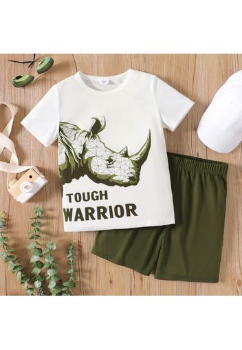 2pcs Kid Boy Animal Rhino Print Short-sleeve Tee and Elasticized Green Shorts set