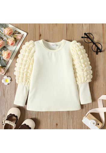 Toddler Girl Textured Ribbed Long Puff-sleeve Solid Color Tee