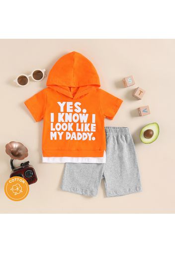 2pcs Baby Boy 95% Cotton Short-sleeve Hooded Letter Print Faux-two Top and Shorts Set