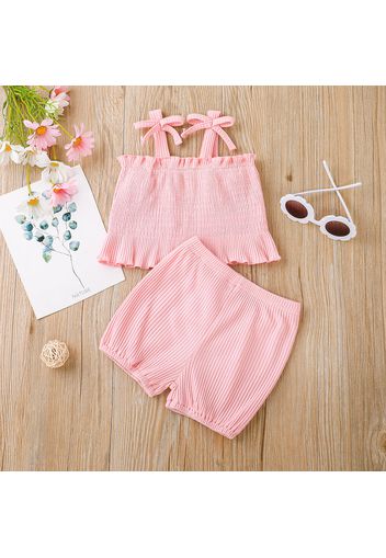 2pcs Baby Girl Solid Spaghetti Strap Shirred Top and Ribbed Shorts Set