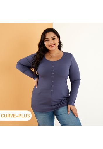 Women Plus Size Basics Button Design Long-sleeve Tee