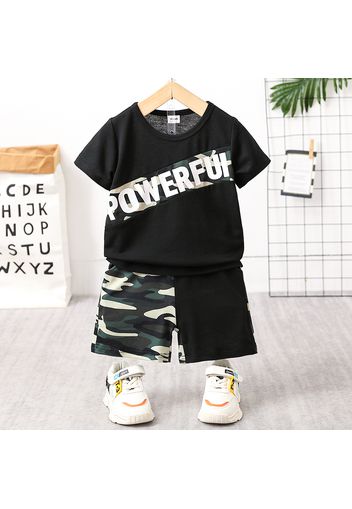 2pcs Toddler Boy Trendy Letter Print Colorblock Tee and Camouflage Print Shorts Set