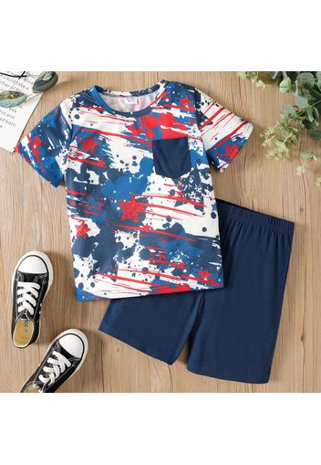 2pcs Kid Boy Tie Dyed Pocket Design Short-sleeve Tee and Dark Blue Shorts Set