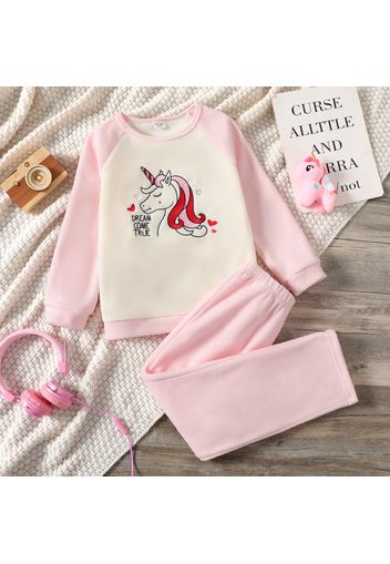 2-piece Kid Girl Letter Unicorn Embroidered Fuzzy Raglan Sleeve Sweatshirt and Pink Pants set