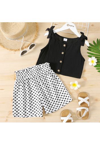 2-piece Kid Girl Bowknot Button Design Sleeveless Top and Heart Print Paperbag Shorts Set