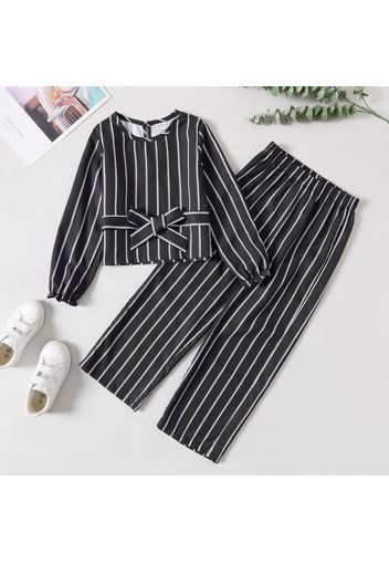 2-piece Kid Girl Striped Bowknot Long-sleeve Top and Elasticized Pants Casual Set