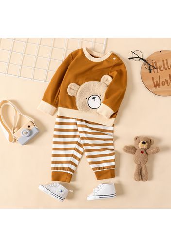 2pcs Baby Boy Cartoon Bear Pattern Long-sleeve Pullover and Striped Pants Set