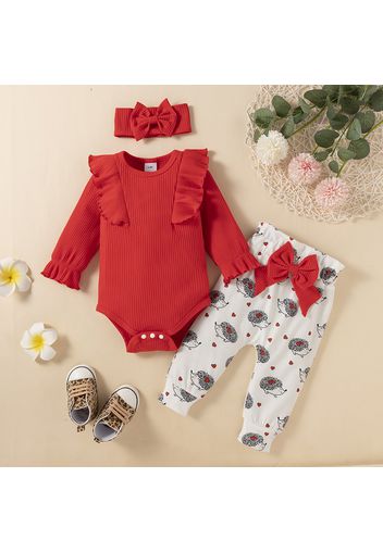 Baby 3pcs Pink Ribbed Ruffle Long-sleeve Romper and Hedgehog Print Trouser Set