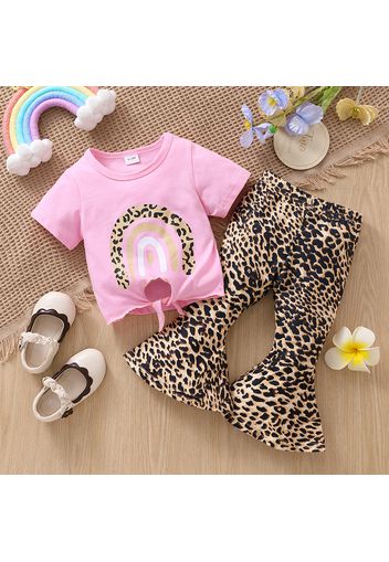 2pcs Baby Girl 100% Cotton Short-sleeve Rainbow Print Knot Front T-shirt and Leopard Flared Pants Set