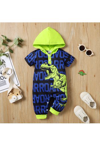 Baby Boy Allover Letter and Dinosaur Print Short-sleeve Hooded Jumpsuit