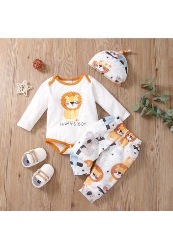 3pcs Baby Cartoon Animals and Letter Print White Long-sleeve Romper and Trousers Set